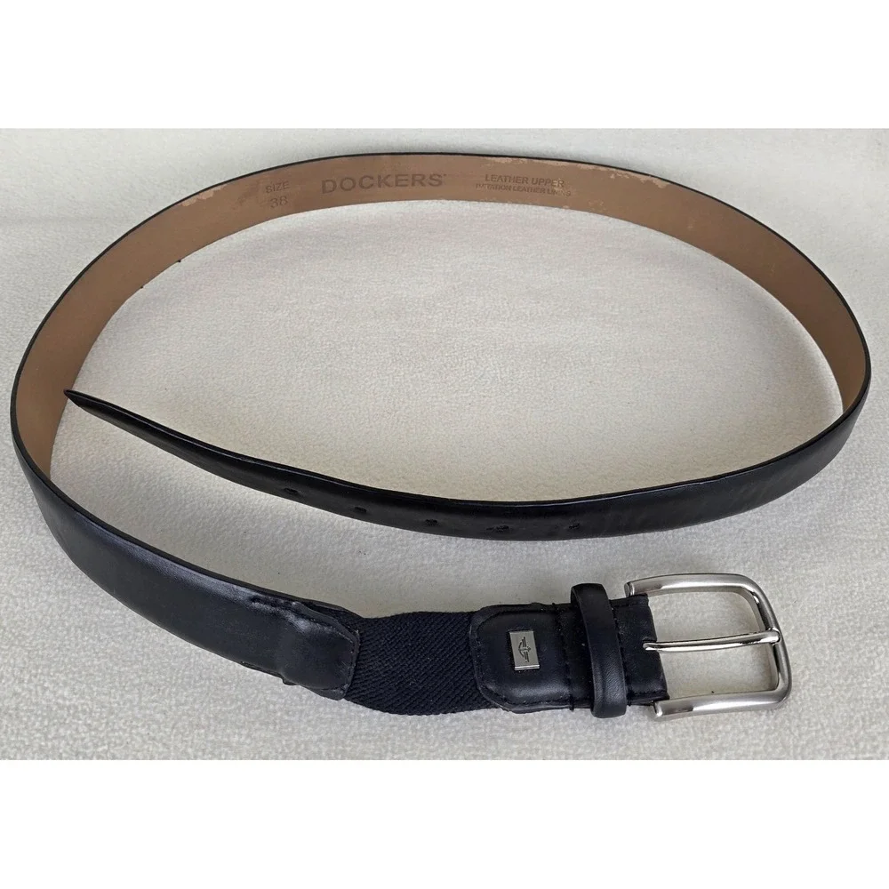 Vtg Dockers Mens Dress Belt Sz 38 Black Genuine Leather Upper Silver Buckle